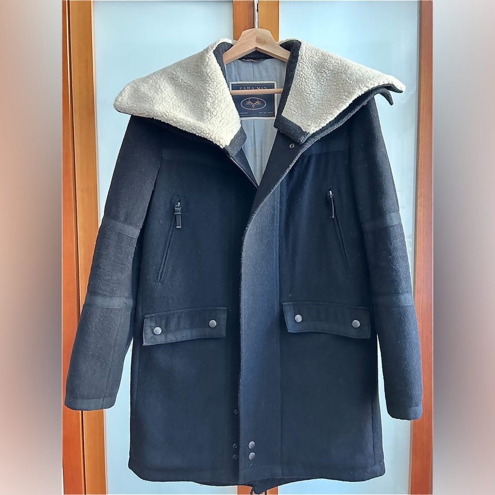 Zara navy over coat with faux shearling collar